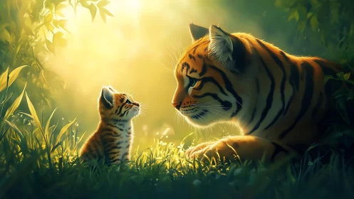 Mother Tiger and Cub Meeting in Golden Sunlit Grassland