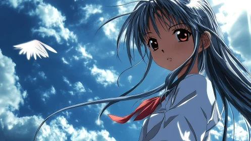 Anime schoolgirl stands under dynamic cloudy sky at noon