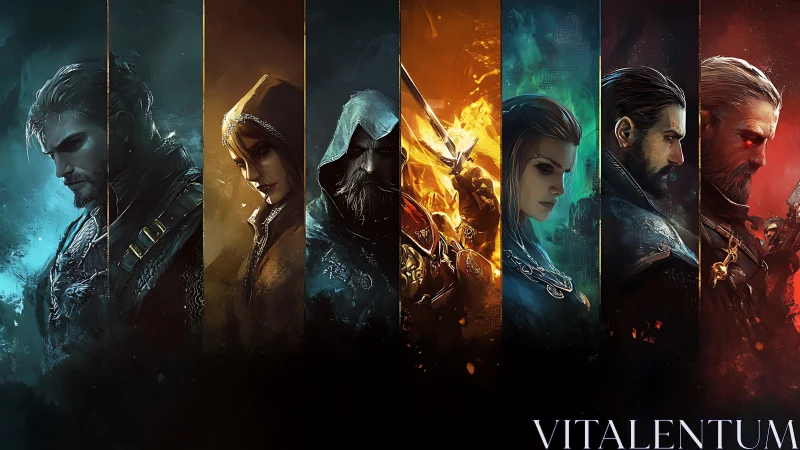 Elemental fantasy heroes stand divided by glowing color realms