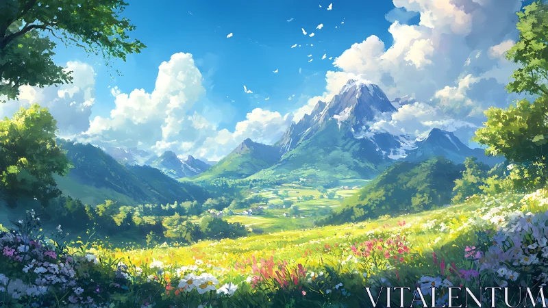 Luminous alpine valley digital painting with floral foreground focus.