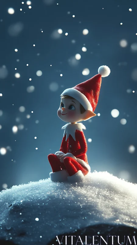 Snowy hilltop elf quietly counts the first winter stars