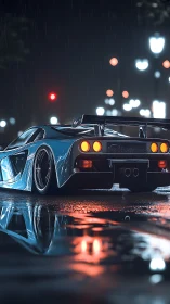 Midnight supercar waits under neon rain and restless stoplights.