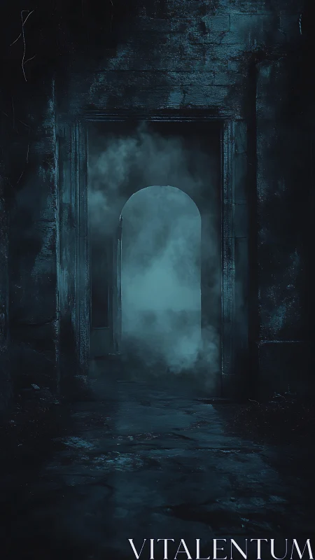 Nocturnal stone passage with mist-filled arched doorway portal