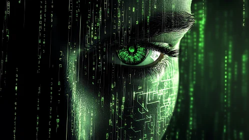 Cybernetic green eye watches cascading digital code in silence