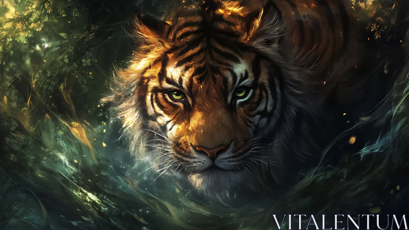 Cinematic tiger portrait advances through luminous jungle mist