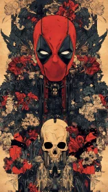 Skulled blossoms crown a masked trickster in ornate chaos