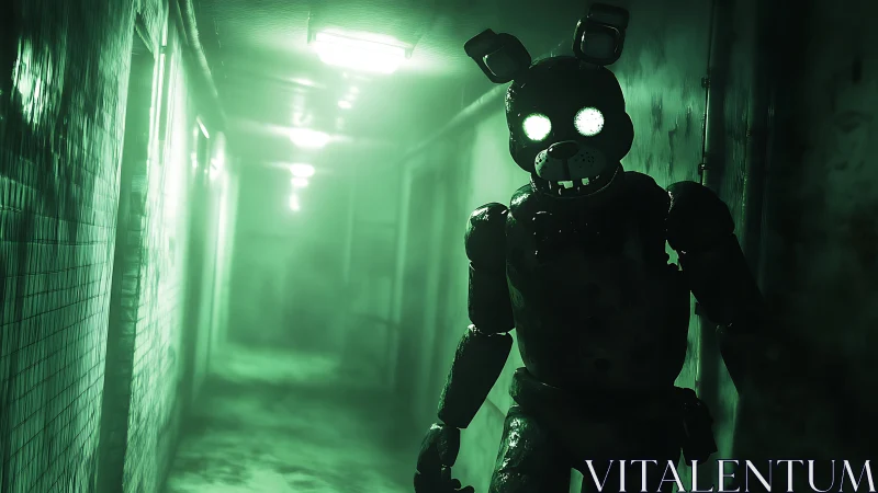 Glowing eyed animatronic stalks toxic green corridor