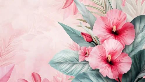 Hibiscus Blooms with Teal Foliage: Soft Botanical Rendering.