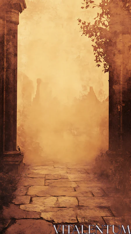 Digital painting of misted ruin corridor with warm palette.