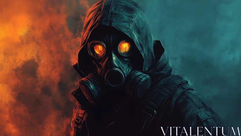 Figure in gas mask stands between orange and teal haze