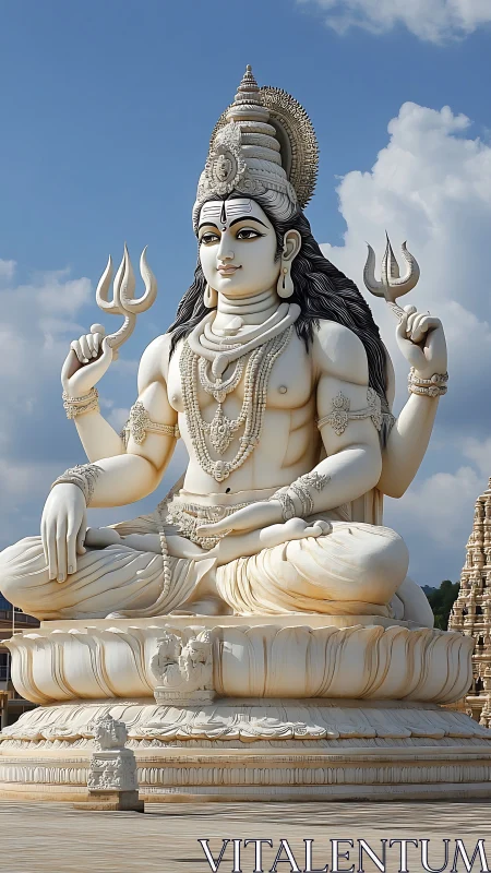 Monolithic white Shiva statue in meditative padmasana under daylight