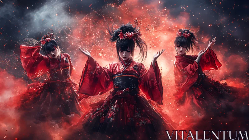 Triadic kimono dancers emerge through volumetric ember smoke field