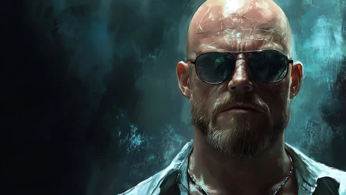 Brooding bald man in shades stands in moody blue light