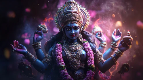 Hindu goddess statue rendered in vivid digital fantasy lighting