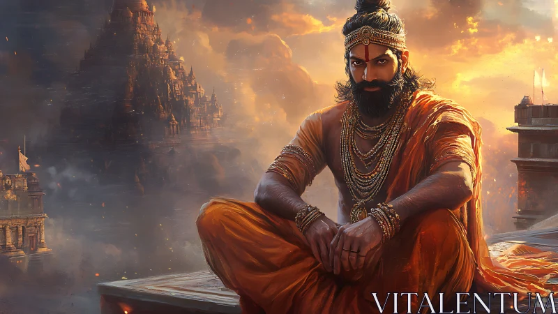 Sunlit warrior sage before mythic temple skyline.