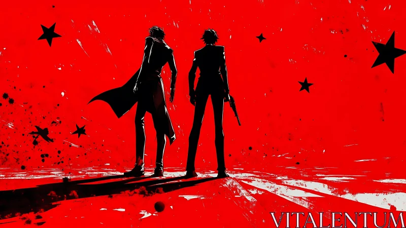 High‑contrast vigilantes in red field with dynamic star vectors.