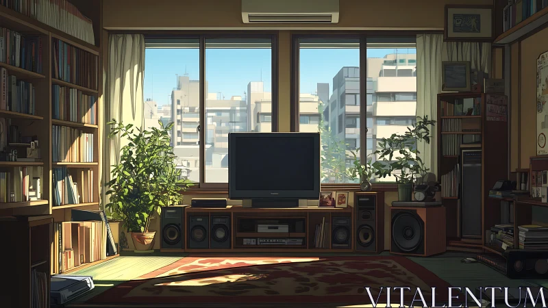 Sunlit city-view living room cradling retro media sanctuary.