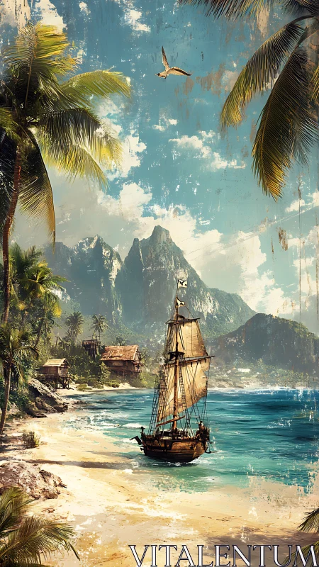 Coastal tropical landscape with wooden brigantine sailing vessel on luminous turquoise waters
