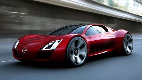 Red futuristic sports car speeding on empty city highway.