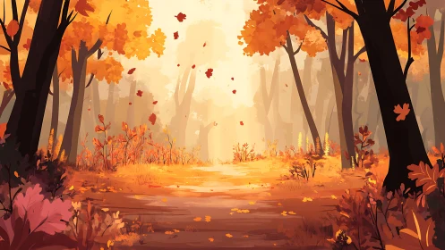 Autumnal Forest Pathway with Falling Leaves and Luminescent Atmospheric Perspective.