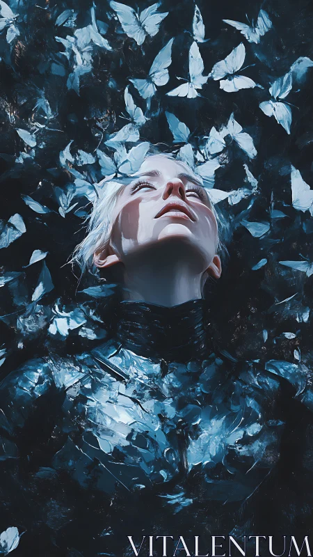 Moonlit metamorph dreamscape crowned in blue butterflies.