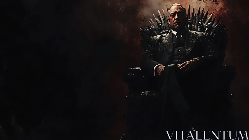 Powerful man in suit seated on dark iron throne