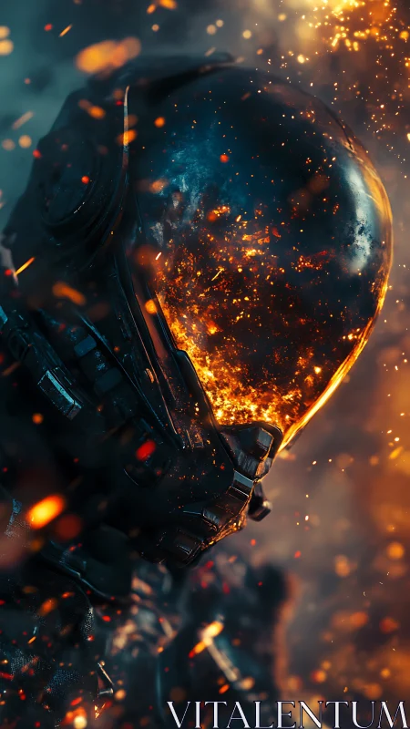 Armored sci fi soldier helmet filled with molten embers.