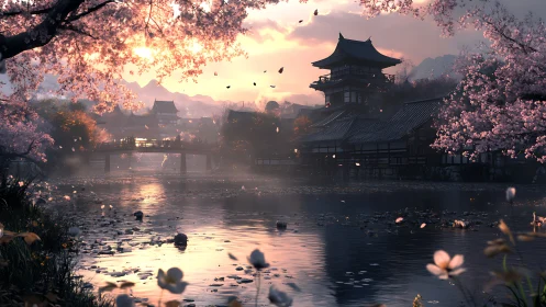 Sakura riverside temple at sunset in cinematic digital rendering.