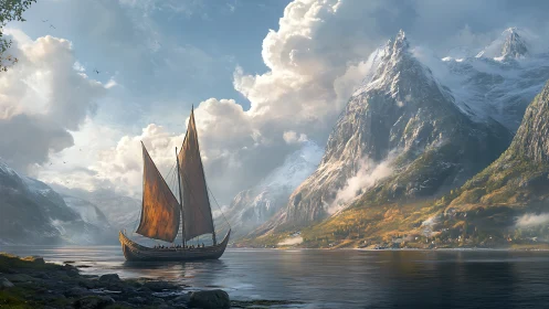 Viking longship under full sail crossing misty Nordic fjord