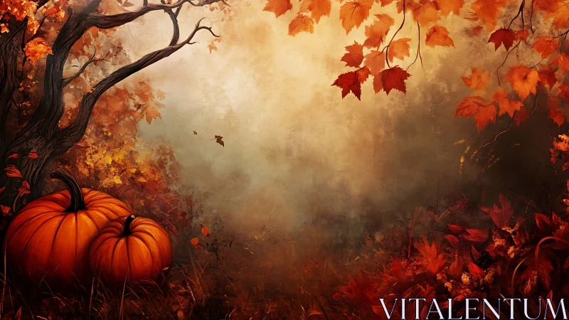 Autumn forest pumpkins under diffuse warm light in misty clearing