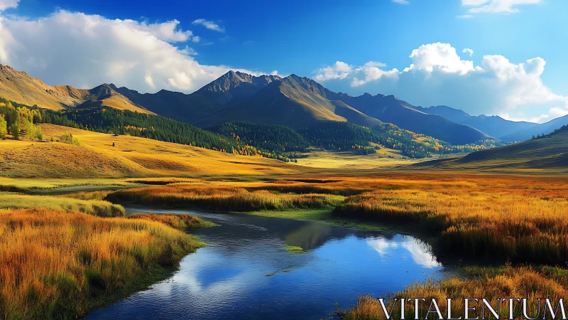 Golden valley river mirror beneath storybook blue skies.