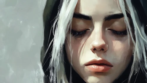 Portrait of a contemplative girl with closed eyes in silence.