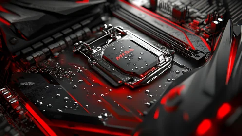 Close-up of MSI gaming motherboard with water droplets.
