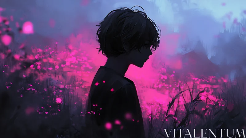 Silhouetted youth contemplates in neon twilight meadow.