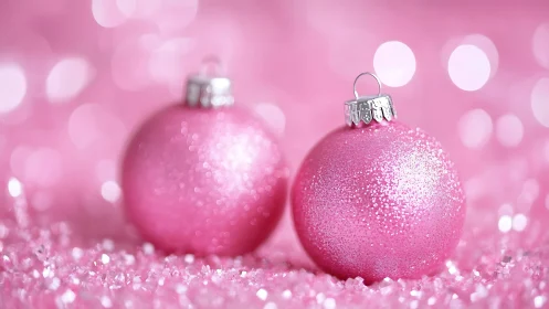 Glittered pink baubles on granular surface with shallow bokeh field