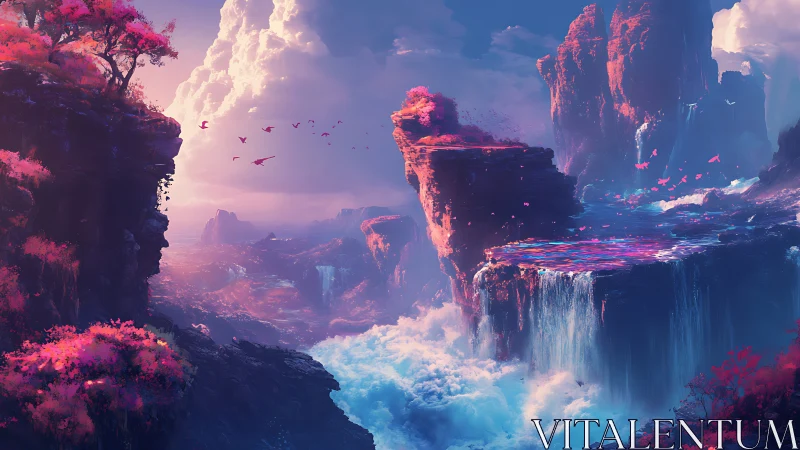 Vibrant floating cliffs overlook cascading dreamlike waterfalls