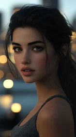 Twilight portrait of a young woman in cinematic bokeh light.