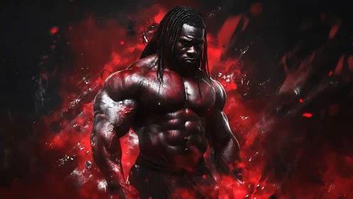 Hyperdefined muscular figure rendered in high-contrast red aura