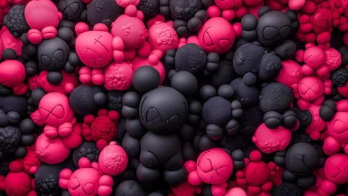 Dense cluster of stylized matte-sphere figures in dual neon palette