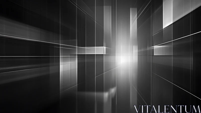 Monochrome abstract corridor with glowing vanishing point.