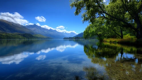 Quiet mountain lake reflects bright blue sky and soft clouds