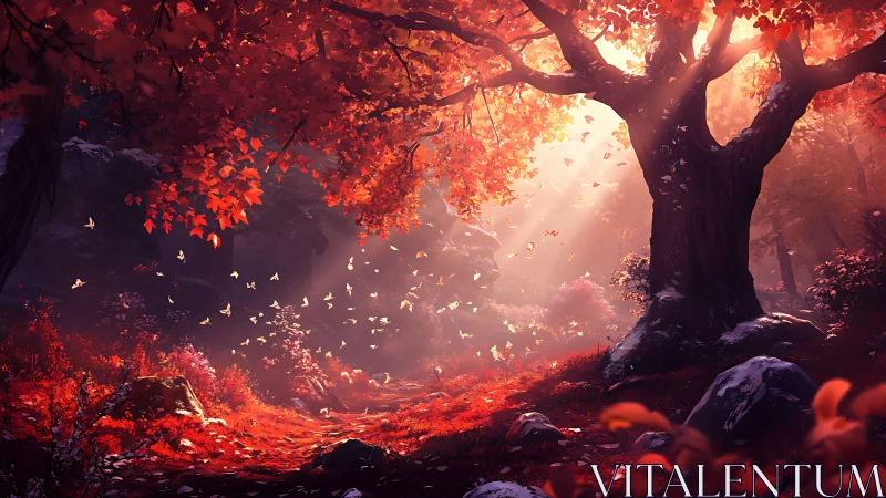 Sunlit forest clearing shows dense red foliage and soft haze