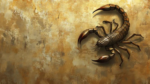 Bronze desert scorpion coils against a burnished wallscape.