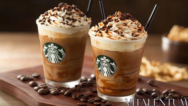 Iced Starbucks frappuccinos with whipped cream and toppings.