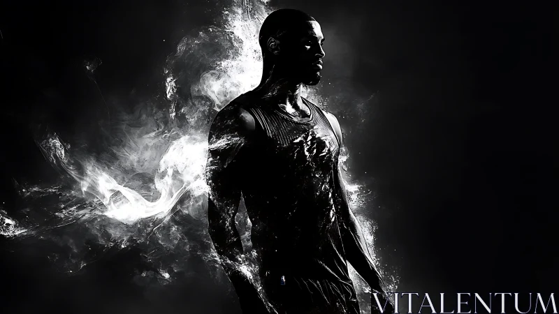 Powerful athlete emerging from swirling monochrome light.
