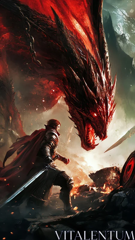 Armored warrior confronts blazing red dragon in molten ruins.