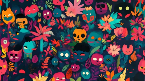 Midnight garden of giggling faces and neon blossoms bloom.