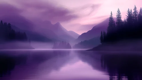 Violet mist shrouds alpine lake with mirrored pine silhouettes.