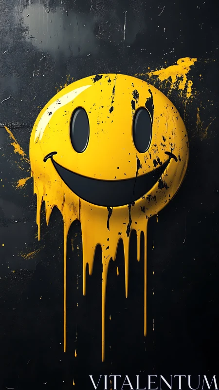 Distressed yellow smiley face dripping on dark wall.