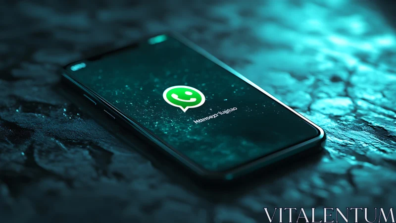 OLED smartphone with WhatsApp splash screen on teal-lit surface